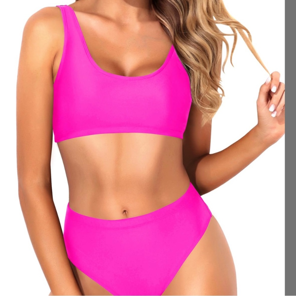 👙Tempt Me Hot Pink Sporty Bikini Set – High Waist & Scoop Neck L NWT